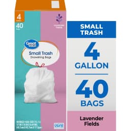 Great Value Drawstring Trash Bags, 4 gal, White, Lavender Fields, 40 Bags - Thumbnail 1
