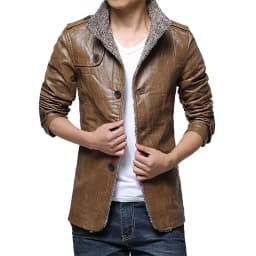 YLSDY Men's Fashion Faux Leather Jacket Winter Warm Fleece Lined Pu Leather Coat Slim Fit Motorcycle Jacket Khaki L - Thumbnail 2