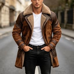 USNSM Men's Vintage Faux Leather Jacket Sherpa Lined Plush Collar Warm Winter Coat Western Cowboy Motorcycle Thick Overcoat Brown XXL - Thumbnail 2