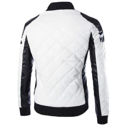 YODETEY Men Casual Color Matching Leather Stand-Up Collar Zipper Jacket Coats White 16(XXXXXL) - Thumbnail 4