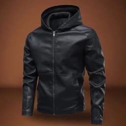 Mens Shirts Under $10 Men’s Hooded Leather Bomber Jacket Faux Full Zip Leather Jackets Lightweight Full Zip Motorcycle jacket - Thumbnail 2
