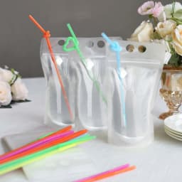 Efavormart 50 Pack Clear Stand-Up Plastic Drink Pouches with Straws, 12oz Reclosable Hand-Held Zipper Juice Smoothie Drink Bags - Thumbnail 1