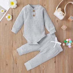 WUANDIXFA Baby Boy Clothes 3 6 9 12 18 Months Ribbed Long Sleeve Romper Pants Set Newborn Fall Winter Outfits,Grey,6-9 Months - Thumbnail 2