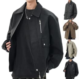 ZCFZJW Men's Faux Leather Coat Oversize Trend Collared Bomber Jackets Long Sleeve Washed PU Jacket for Spring Vintage Classic Fit Coats Street Wear with Zipper Pockets Black M - Thumbnail 2
