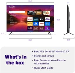 Roku 75R6C7KIT1 75 inch Class Plus Series 4K QLED Mini LED Smart TV Dolby Vision HDR10 Plus 120Hz WiFi Voice Remote HD - Thumbnail 3