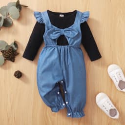 9 Months Baby Girls Clothes 12 Months Girls 2PCS Fall Winter Outfits Infant Girls Long Sleeve Top Overall Pants Set Black - Thumbnail 2