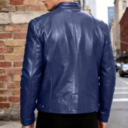 Men's Stand Collar Faux Leather Jacket, Zip up Long Sleeve Vintage Casual Motorcycle Coat for Daily Wear Dark Blue XL - Thumbnail 5