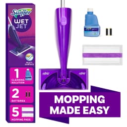 Swiffer WetJet con Repuesto, sin Fragancia, 1 Mango + 1 Solución y 5 Almohadillas (Batería Incluida) - Thumbnail 1