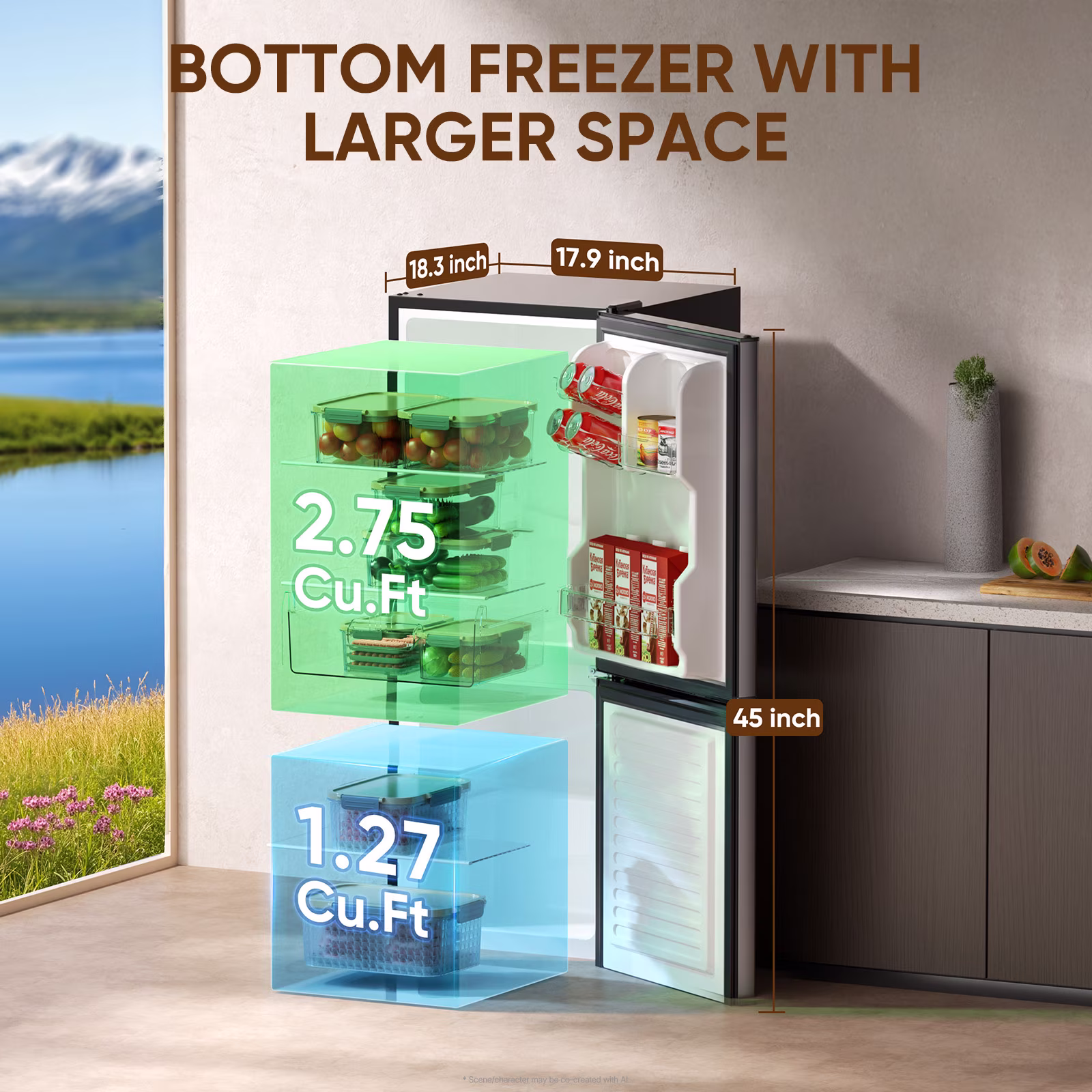 Upstreman 4.0 Cu.ft Mini Fridge with Freezer, 2 Door Compact Fridge Samll Bottom Freezer Refrigerators with 5 Settings Temperature, BM40 Stainless - Thumbnail 8