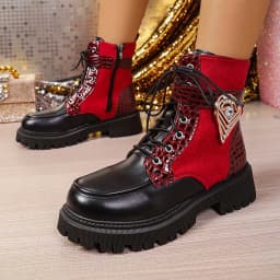 Womens Platform Boots Round Toe Chunky Ankle Boots Punk Boots Lace Up&Zipper Combat Boots with Beautiful Decor - Thumbnail 9