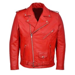 BVnarty Men's Real Leather Motorcycle Jacket Asymmetrical Zipper Belted Classic Biker Genuine Leather Long Sleeve Outwear (Red,XXXXL) - Thumbnail 1