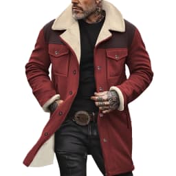 BXINGOHAI Men’s Casual Winter Jackets Faux Suede Leather Sherpa Jackets Warm Fleece Lined Turn-Down Coat with Pockets Wine M - Thumbnail 2