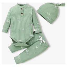 PatPat Pijamas para Bebé Recién Nacido Ropa de Niño Niña Conjuntos de Atuendo de Algodón Mameluco Acanalado de Manga Larga y Pantalones con Gorro 0-3 Meses - Thumbnail 1