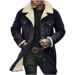 VSSSJ Men's Sherpa Lined Faux Leather Jacket Vintage Suede Button Pocket Reversed Collar Warm Thick Winter Jacket Mens Outdoor Jacket Coat Navy M - Thumbnail 1