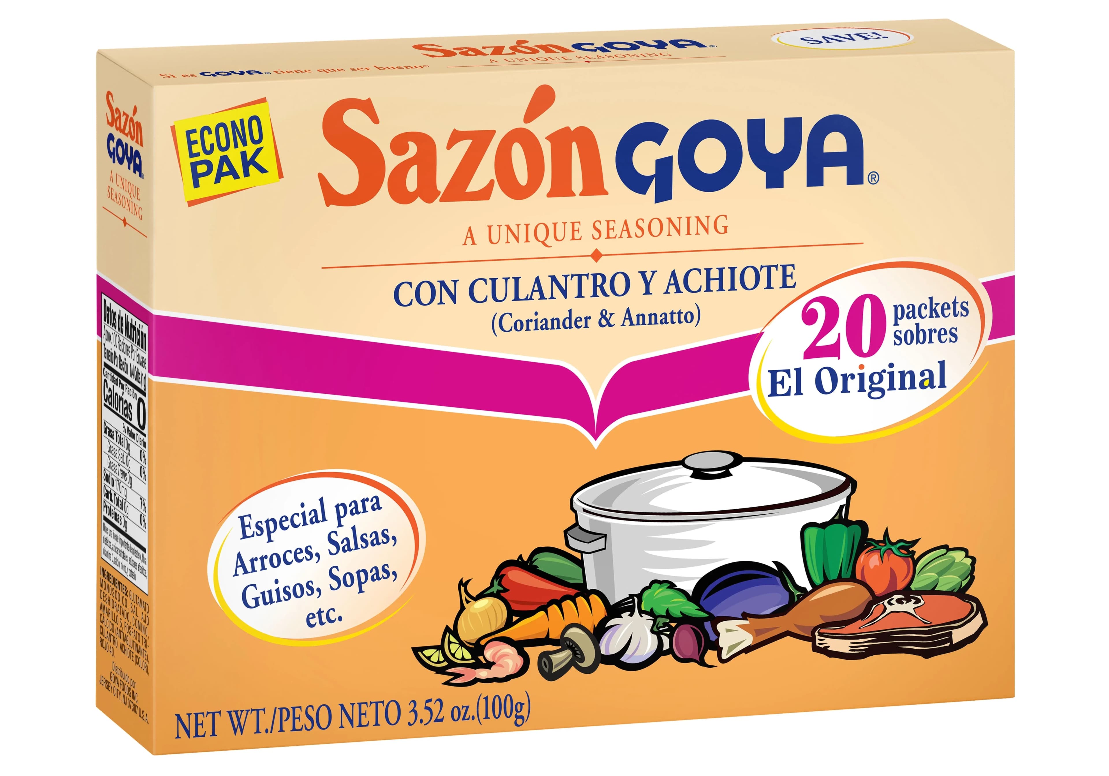 GOYA Sazon with Coriander and Annatto Seasoning Mix, 20 Packets, 3.52 oz Box