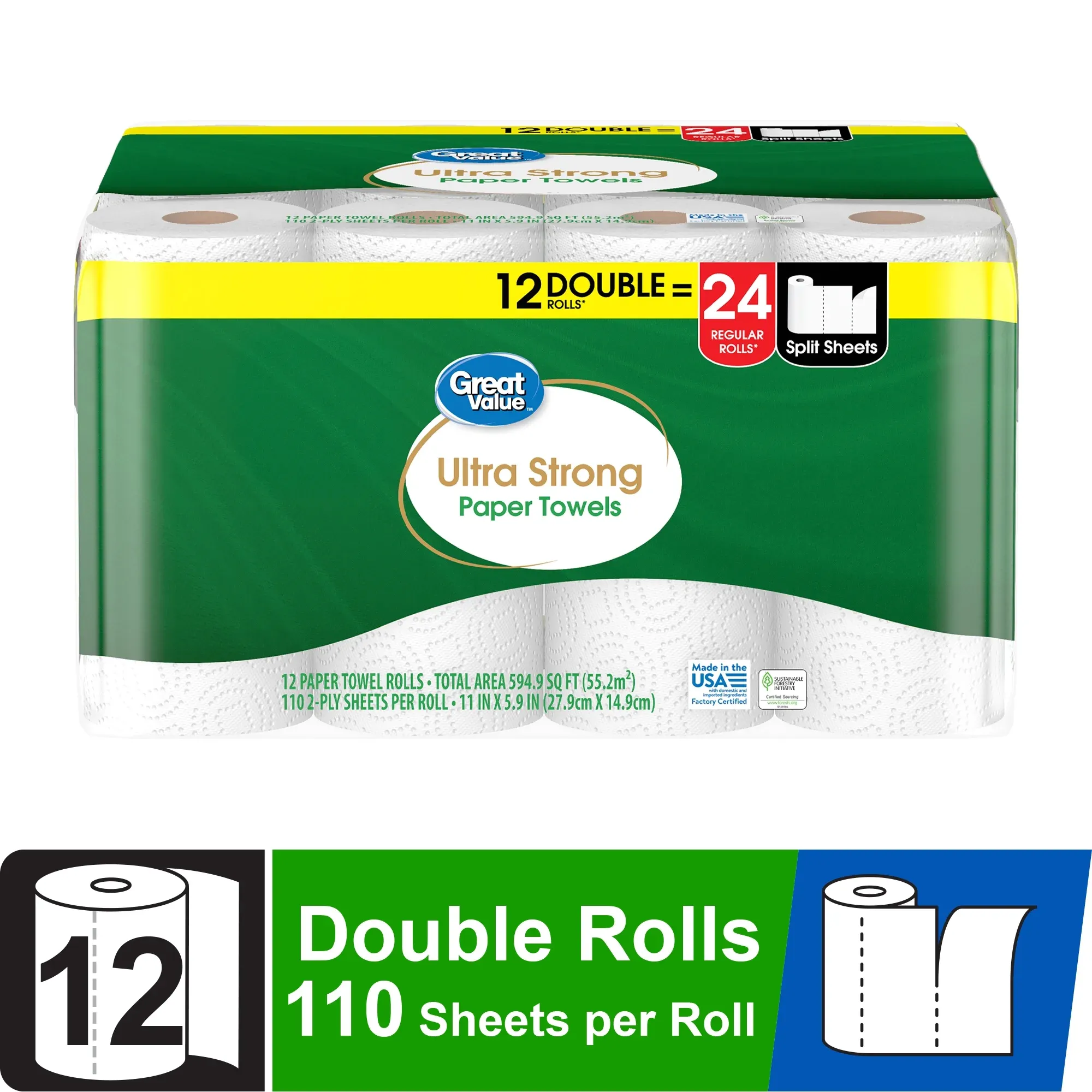 Great Value Ultra Strong Paper Towels, White, 12 Double Rolls, 1320 Sheets