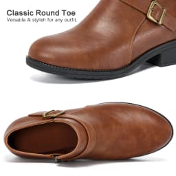 Ecetana Women's Chunky Low Heel Ankle Boots Round Toe Leather Western Short Booties with Side Zipper - Thumbnail 3