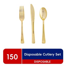 JOLLY CHEF 150 Count Gold Plastic Silverware Set - 50 Forks, 50 Knives, 50 Spoons - Heavy Duty Plastic Cutlery Set Disposable Flatware - Thumbnail 1