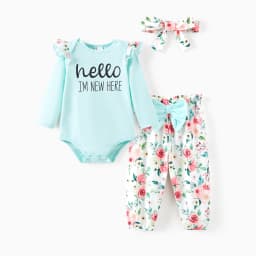 PatPat Baby Girl Clothes Floral Romper Long Sleeve Pants Headband Set Summer Winter Clothing for Newborn Infant Baby Girls Mint Mambo Mint Mambo Mint Mambo 0-3 Months - Thumbnail 4