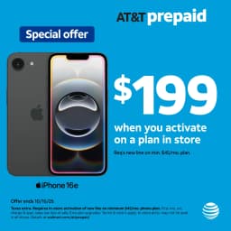 AT&T Apple iPhone 16e, 128GB, Black - Prepaid Smartphone [Locked to AT&T] - Thumbnail 1