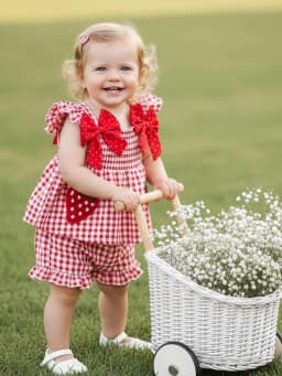 Loicainy Toddler Baby Girl Summer Outfit 6 9 12 18 24 Months 2T 3T Strawberry Embroidered Plaid Bows Ruffled Trim Tank Tops and Shorts 2 Pcs Clothes Set - Thumbnail 7