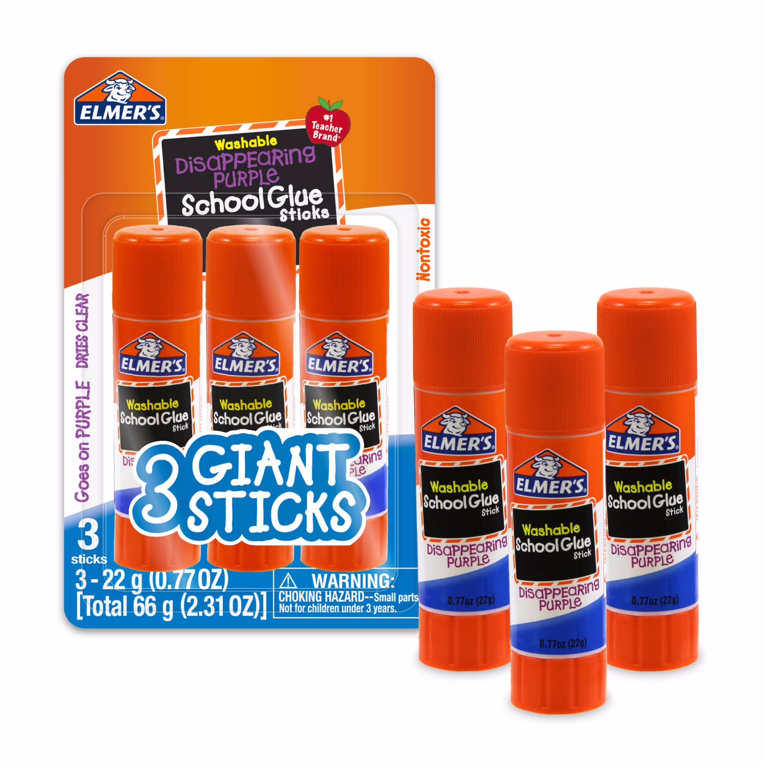 Elmer's Disappearing Purple School Giant Glue Sticks, Washable, 22 g Each, 3 Count - Thumbnail 1
