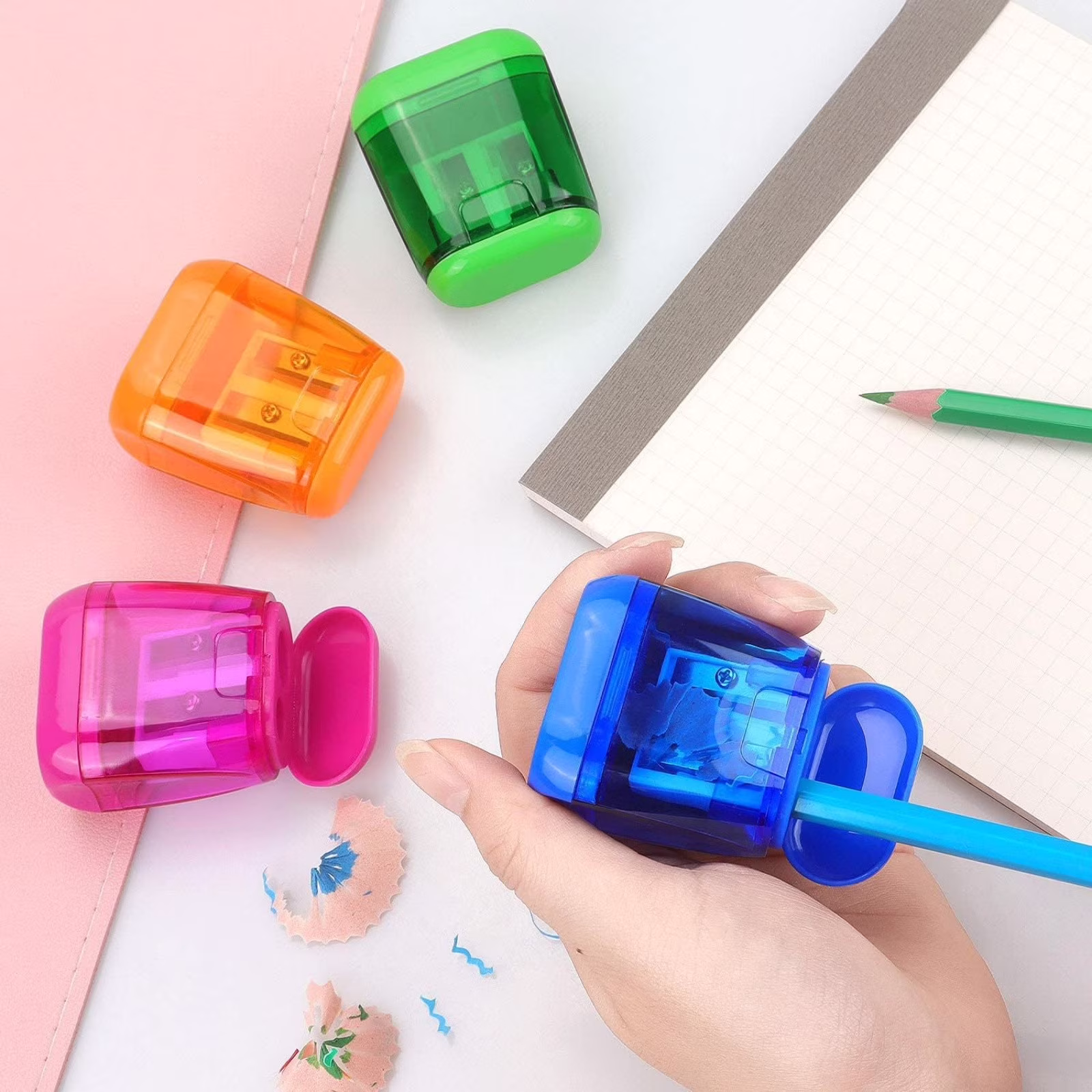 4 PCS Dual Hole Manual Pencil Sharpener with Lid – Oval Portable for Teens, Works with Standard & Colored Pencils, Back to Campus Supplies for Home - Thumbnail 3