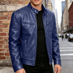 Men's Stand Collar Faux Leather Jacket, Zip up Long Sleeve Vintage Casual Motorcycle Coat for Daily Wear Dark Blue XL - Thumbnail 4