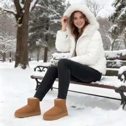 Crestar Platform Mini Boots for Women, Genuine Suede Fuzzy Ankle Snow Boots with Fur Lined, Chestnut - Thumbnail 9