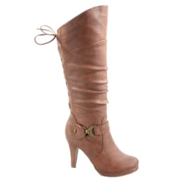 Page-65 Women's Back Lace Up Round Toe High Heel Platform Mid-Calf Knee High Boots ( Tan, 6.5) - Thumbnail 1