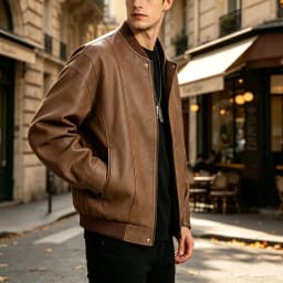 LMOIPLI Men Stand Collar Vintage Textured Faux Leather Bomber Jacket Snap Button Oversized Casual Outer Coat for Spring Fall Street Campus Daily Walking Coffee XS - Thumbnail 4