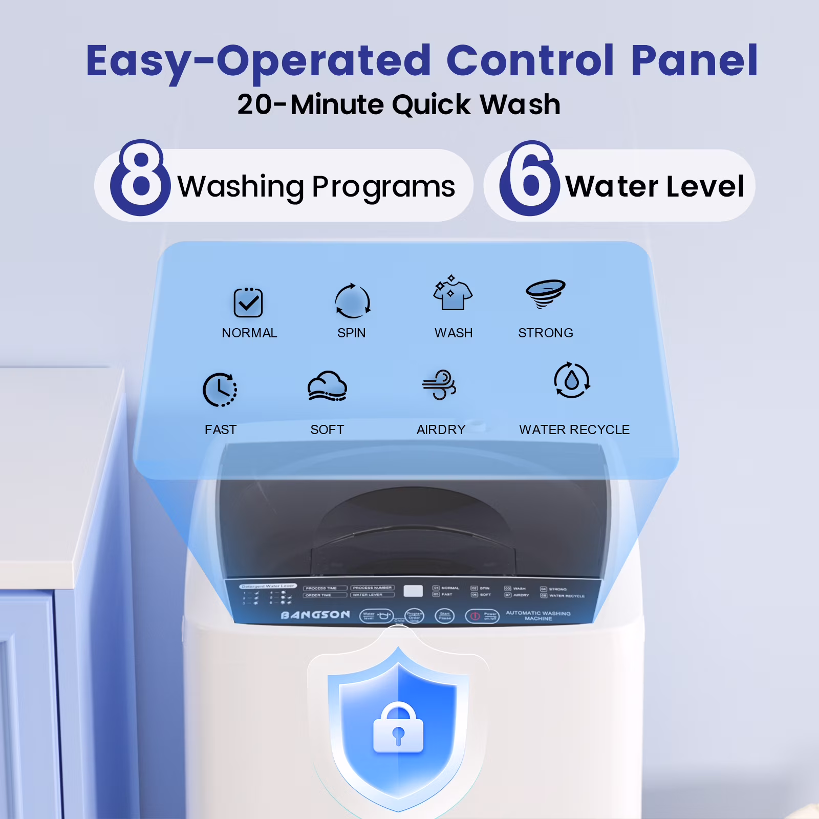 BANGSON 1.08cu.ft Portable Washing Machine, Full-Automatic Compact Washer with 8 Programs & Drain Pump for Apartment, Dorm, Home - Thumbnail 2