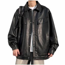 Maoxin Leather Jacket Men Retro Men's Solid Color Snap Pocket Casual Loose Long Sleeved Hooded Leather Jacket Coat Jackets for men Black 2XL - Thumbnail 3