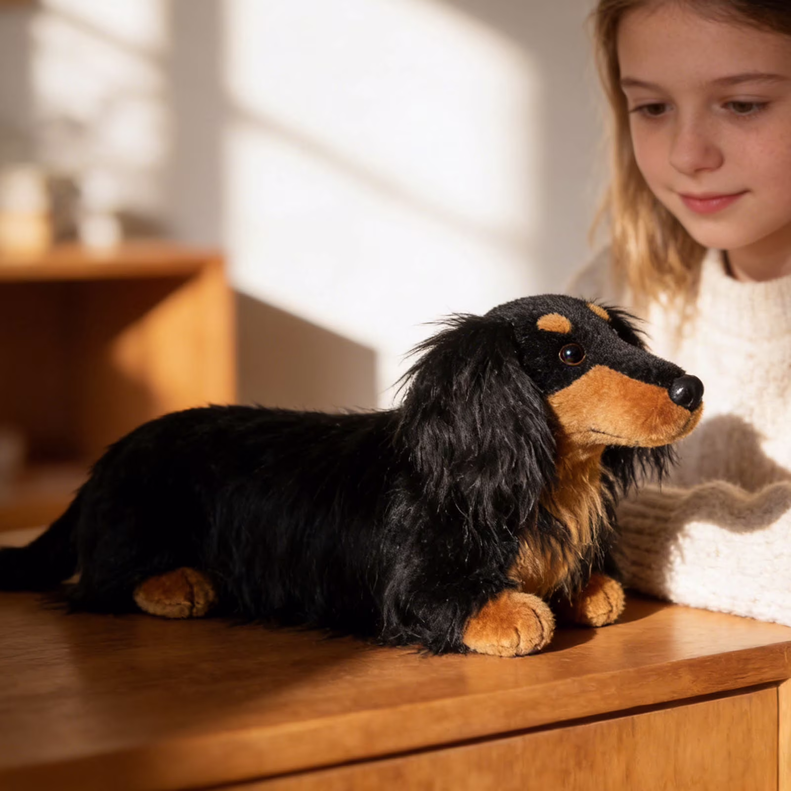Realistic Dachshund Plush Toy 42cm, Lifelike Long Haired Stuffed Animal Dog with Soft Cuddly , Home Decor Gift for Pet Lovers - Thumbnail 4