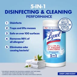 Lysol Disinfecting Wipes, All Purpose Cleaner, Multi Surface Antibacterial Cleaning Wipes, Cleaning Supplies, Crisp Linen Scent, 80 Count - Thumbnail 3