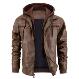 VNKIDY Men's Coat Autumn Winter Solid Color Leather Jacket With Detachable Hood Long Sleeve Zipper Ribbed Warm Coat For Casual Daily Streetwear Activities Soft Outerwear - Thumbnail 1