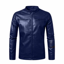 Men's Stand Collar Faux Leather Jacket, Zip up Long Sleeve Vintage Casual Motorcycle Coat for Daily Wear Dark Blue XL - Thumbnail 7