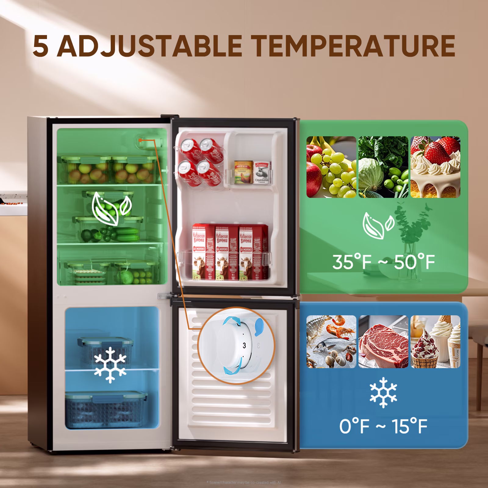 Upstreman 4.0 Cu.ft Mini Fridge with Freezer, 2 Door Compact Fridge Samll Bottom Freezer Refrigerators with 5 Settings Temperature, BM40 Stainless - Thumbnail 3