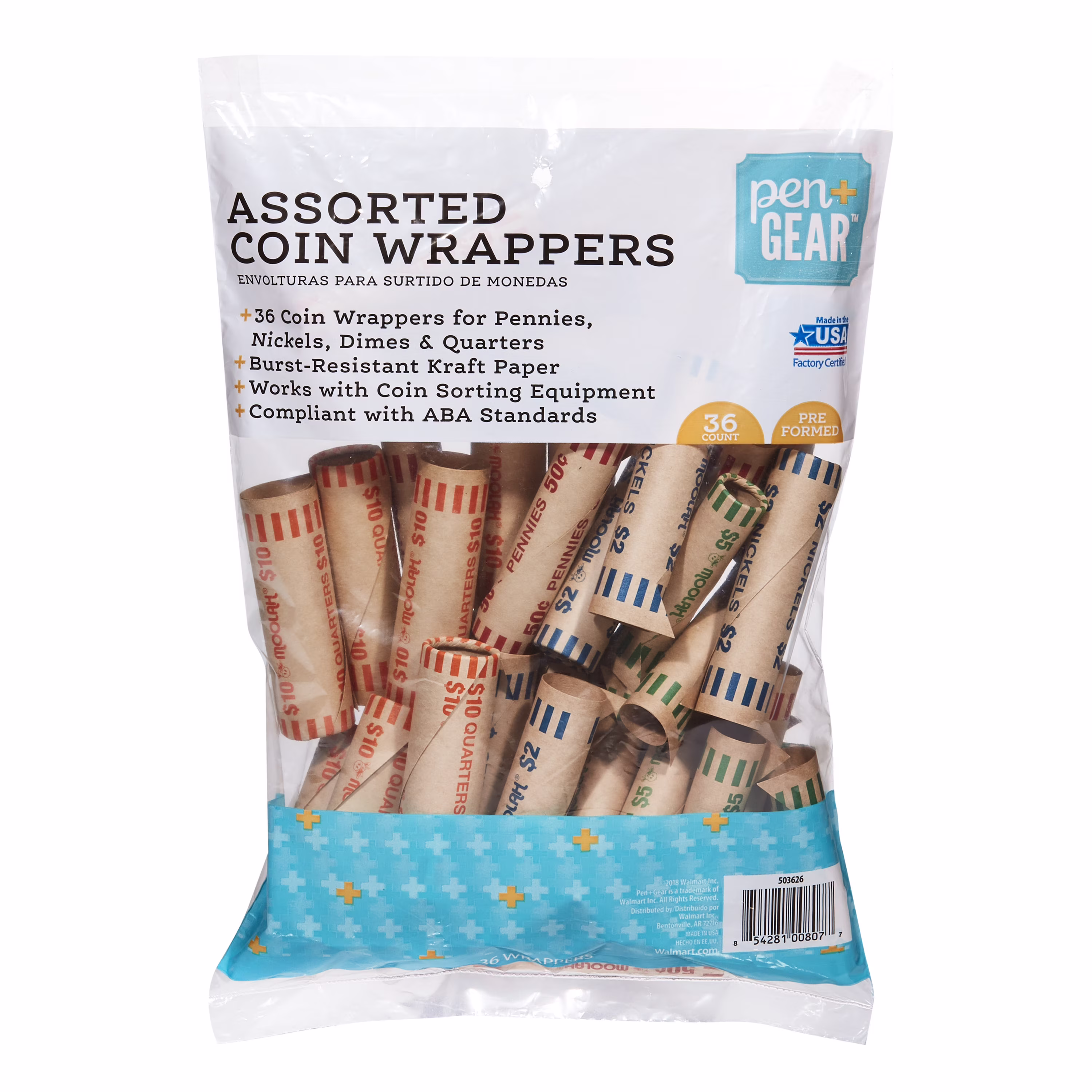 Pen+Gear Coin Wrappers, Preformed, Paper, Assorted Denominations, 36 Count - Thumbnail 1
