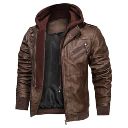 Hood Crew Men's Pu Faux Leather Jacket with Removable Hood Brown M - Thumbnail 3