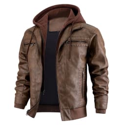 VNKIDY Men's Coat Autumn Winter Solid Color Leather Jacket With Detachable Hood Long Sleeve Zipper Ribbed Warm Coat For Casual Daily Streetwear Activities Soft Outerwear - Thumbnail 6