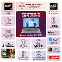 Lenovo IdeaPad Slim 3i 15.6" FHD Touch Laptop, AMD Ryzen 5 7520U, 8GB RAM, 512 SSD, Artic Grey - Thumbnail 2