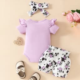 TOWED22 Baby Girl Clothes Summer Outfits Newborn Romper Ruffle Sleeve Infant Flower Shorts with Bow Headband Set 0-18 Months(Purple,0-3 M) - Thumbnail 4