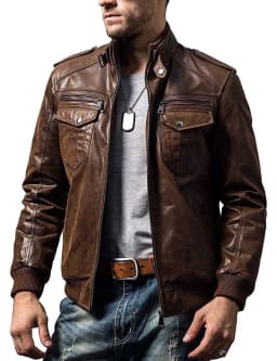 FLAVOR Men Biker retro Brown Leather Motorcycle Jacket Genuine Leather jacket (XX-Large, Brown) - Thumbnail 1