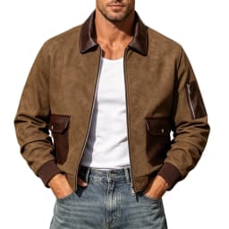 Gamivast Vintage Suede Bomber Jacket for Men Zip up Faux Leather Patchwork Coat Lightweight Casual Outerwear Windbreaker with Pockets for Fall Winter Activewear Brown XXL - Thumbnail 2