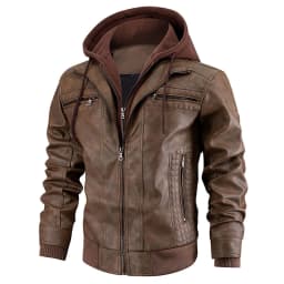 VNKIDY Men's Coat Autumn Winter Solid Color Leather Jacket With Detachable Hood Long Sleeve Zipper Ribbed Warm Coat For Casual Daily Streetwear Activities Soft Outerwear - Thumbnail 4