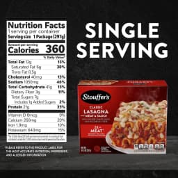 Stouffer's Lasagna with Meat & Sauce, Single Serve, Frozen Entrees for One, Ready to Cook Easy Dinners, Protein Frozen Meals 10.5 oz - Thumbnail 7
