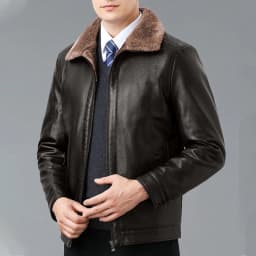 Men Faux Leather Sherpa Lined Jacket, Fuzzy Collar Full Zip Warm Winter Coat, Slim Fit Vintage Motorcycle Outerwear Brown S - Thumbnail 2
