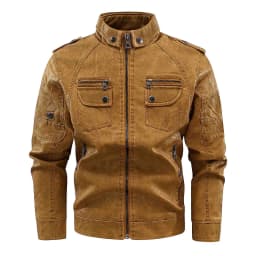 IYTR Men's Fashion Jacket Vintage Leather Jacket Padded Jacket with Pocket Solid Color Long Sleeve Jacket Zipper Stand-up Collar Coat Yellow XXXL - Thumbnail 1