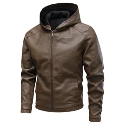 HOOMEUMY Men's Hooded Leather Jacket Long Sleeve Full Zip Leather Jackets Casual Full Zip Motorcycle jacket (Coffee,XS） - Thumbnail 1